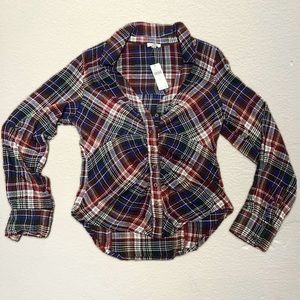 Pilcro Ruched Deep-V Plaid Buttondown in Navy, Size Small